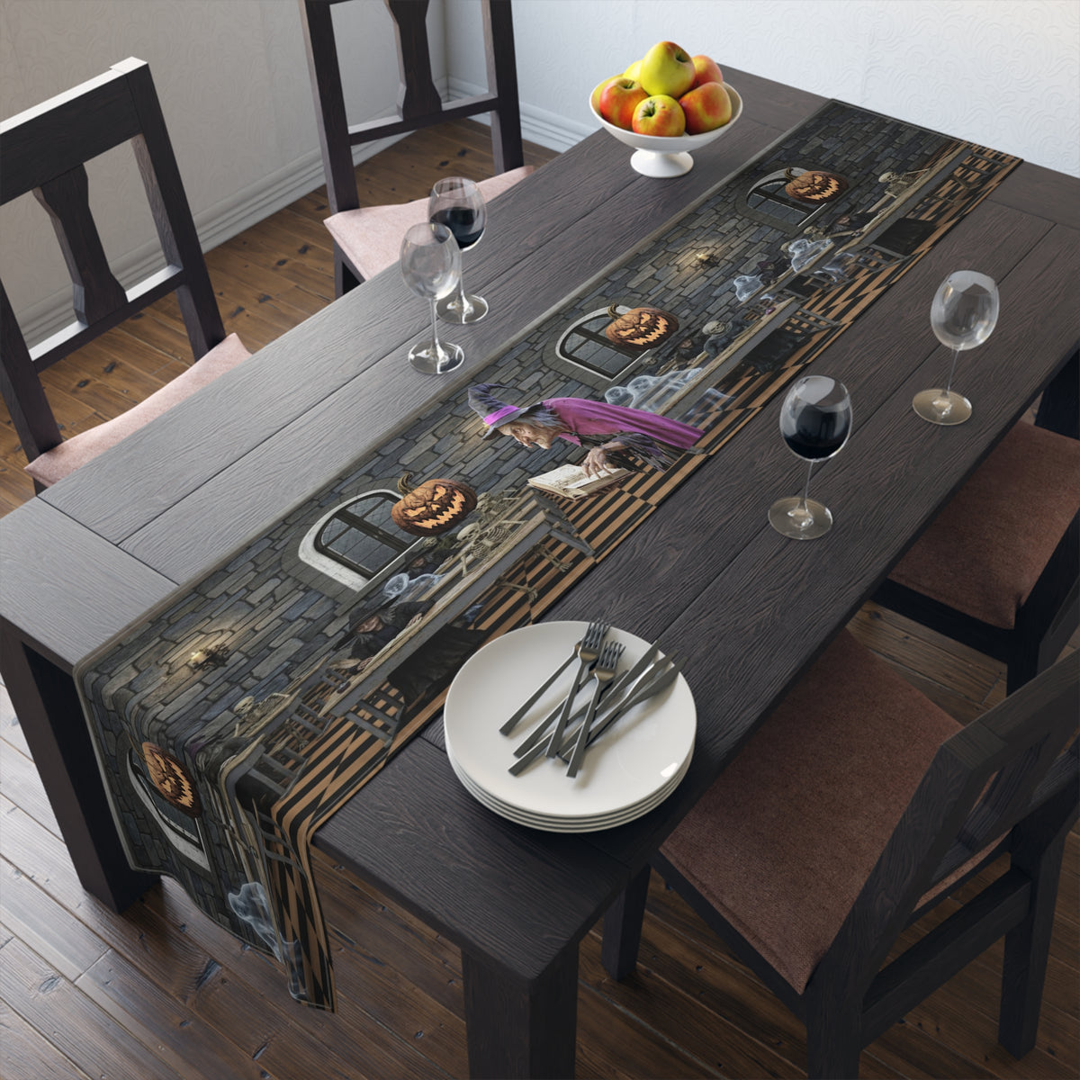 Haunted Library Table Runner | Shadowed Books, Vintage Bottles & Gothic Scene – Halloween Decor