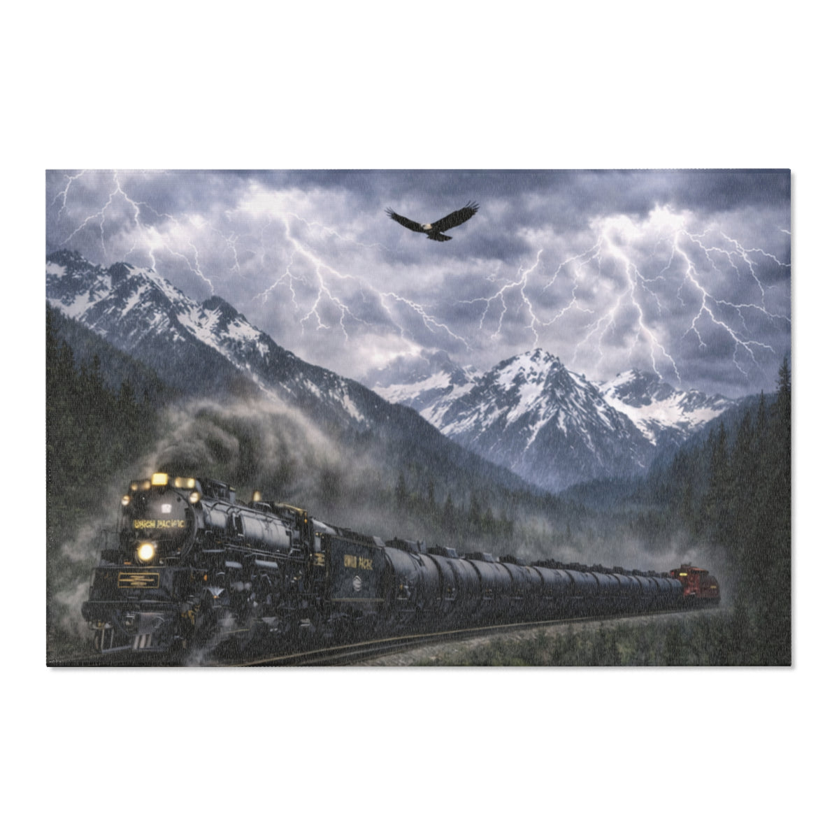 Steam Train Countryside Area Rug | Snowy Mountains, Eagle, Lightning