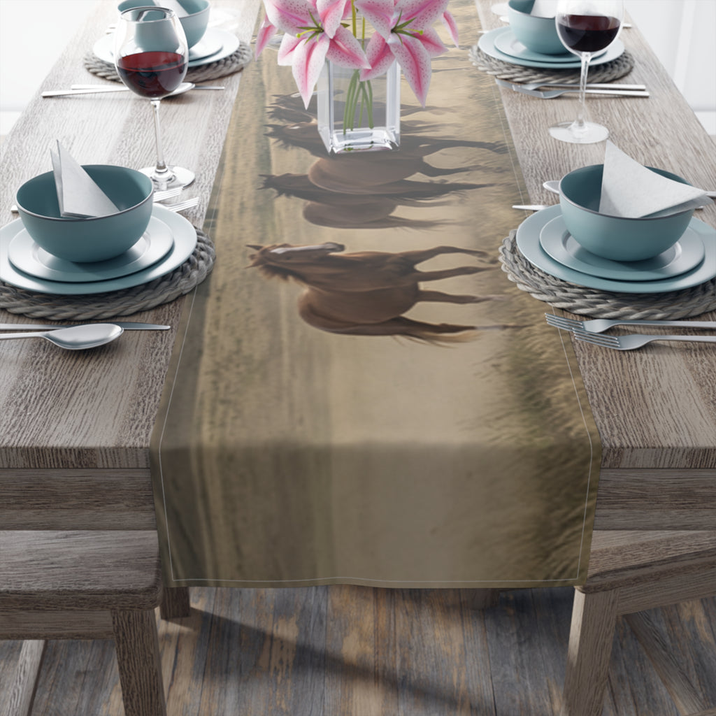 Horse Herd Table Runner - Rustic Galloping Horses Cotton-Poly Dining Decor