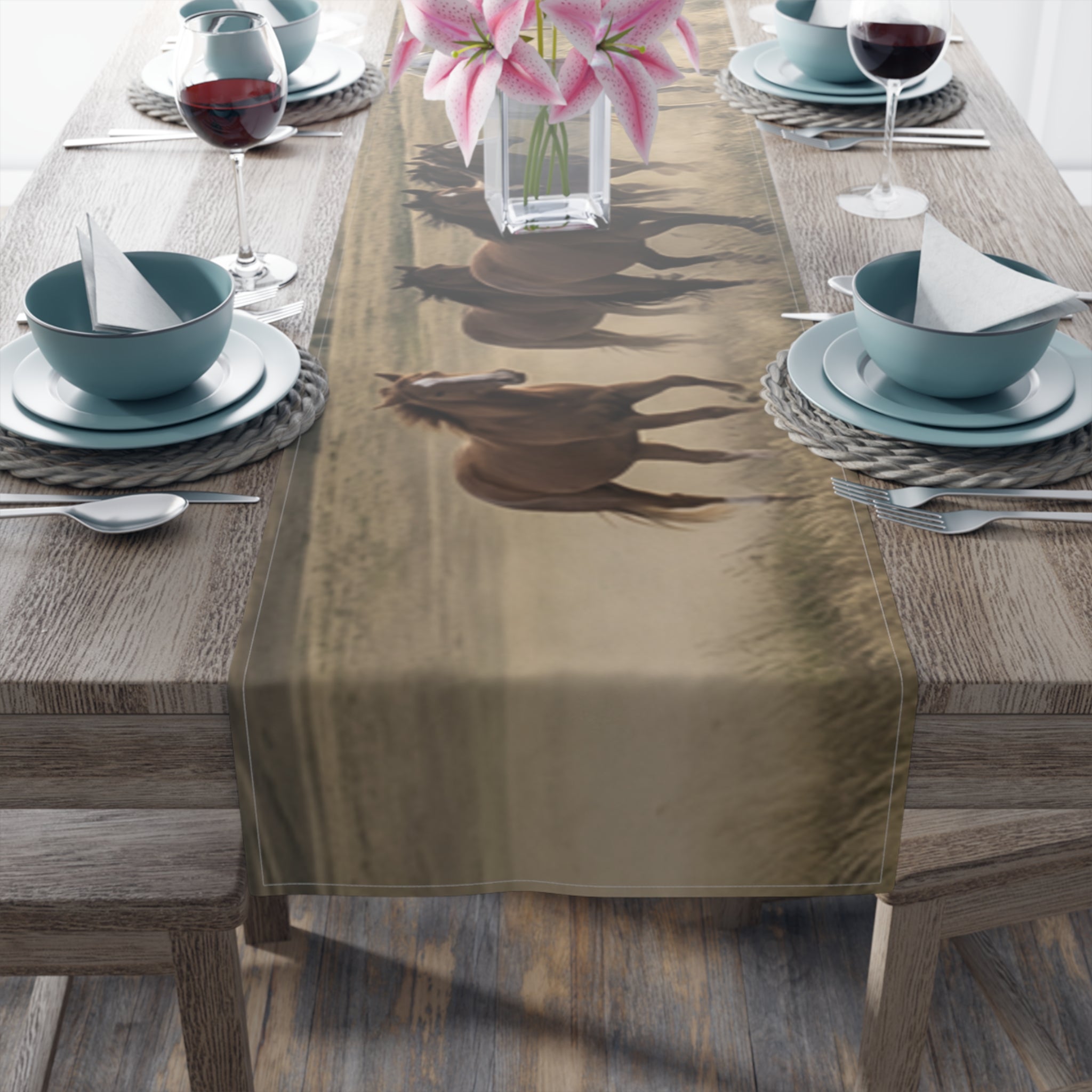 Horse Herd Table Runner - Rustic Galloping Horses Cotton-Poly Dining Decor