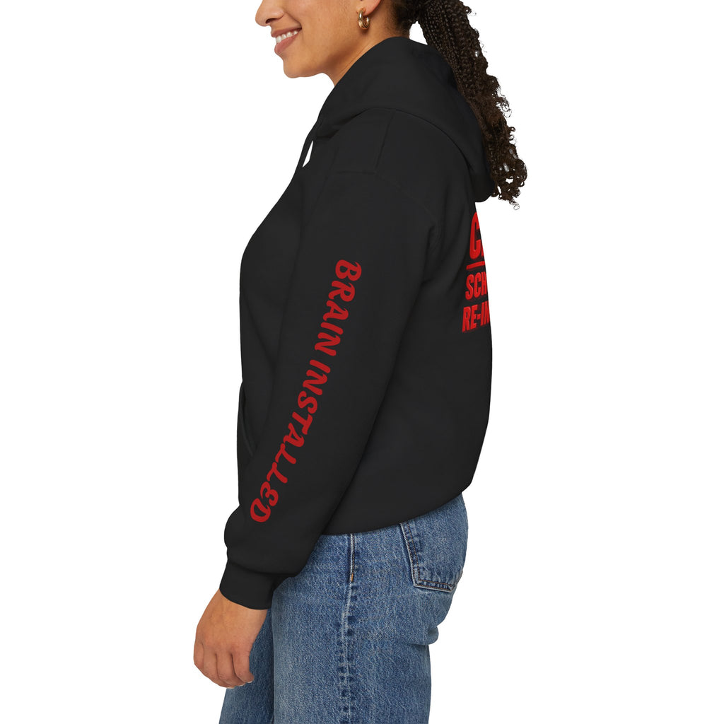 Hoodie — "CAUTION: Schools Starting, Re-Installing Brain" Back-to-School Graphic Hoodie