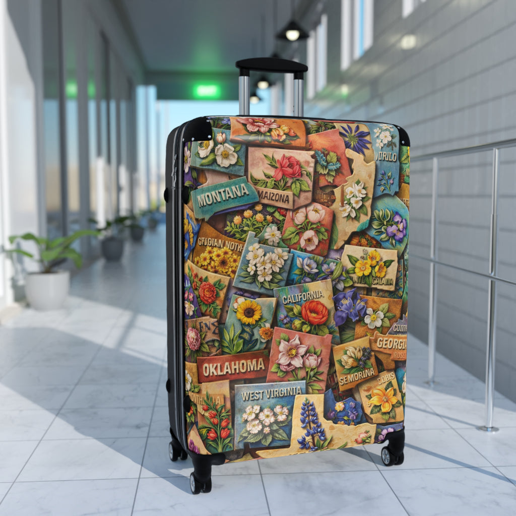 USA State Map Collage with State Flowers Suitcase