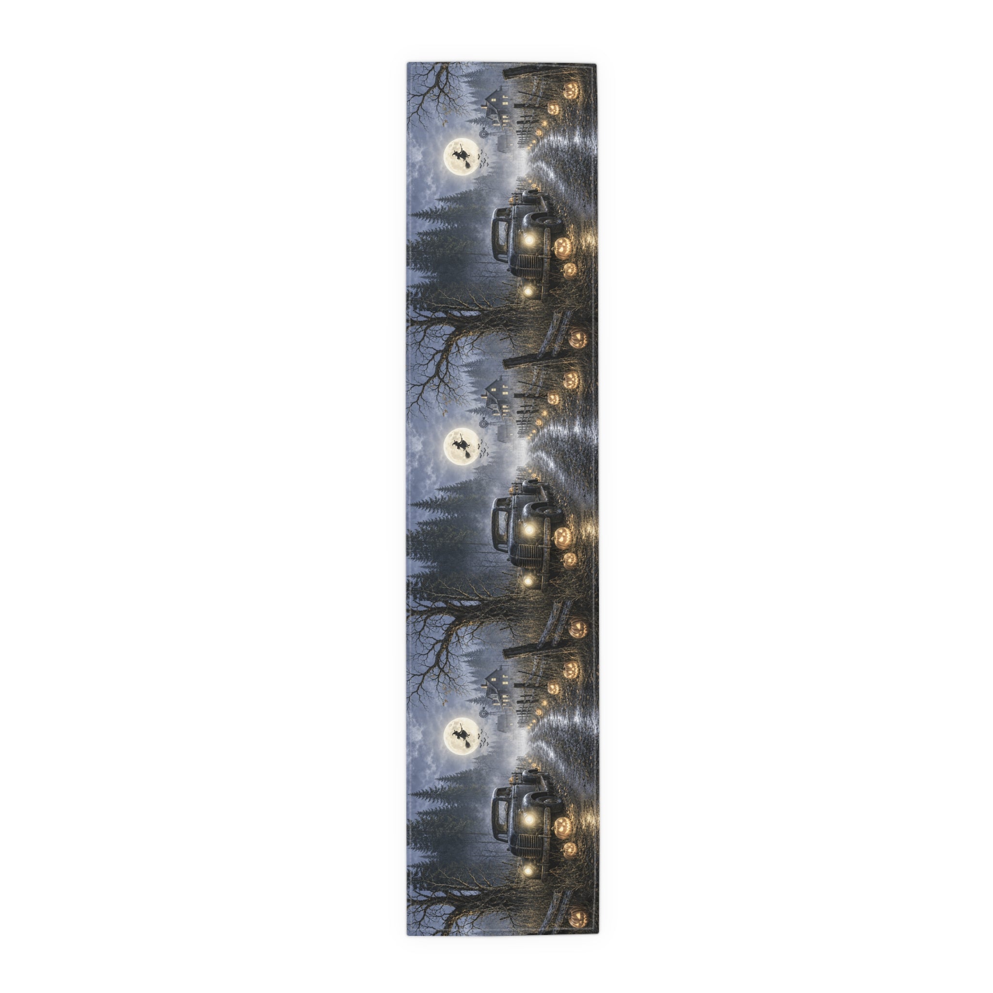 Spooky Truck Halloween Table Runner | Pumpkin Lined Road, Full Moon