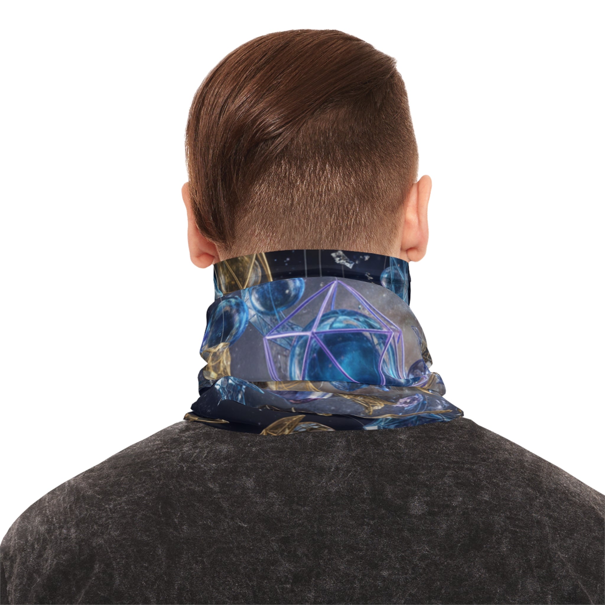 Cosmic Geometry Neck Gaiter | Celestial Moon & Crystal Orbs