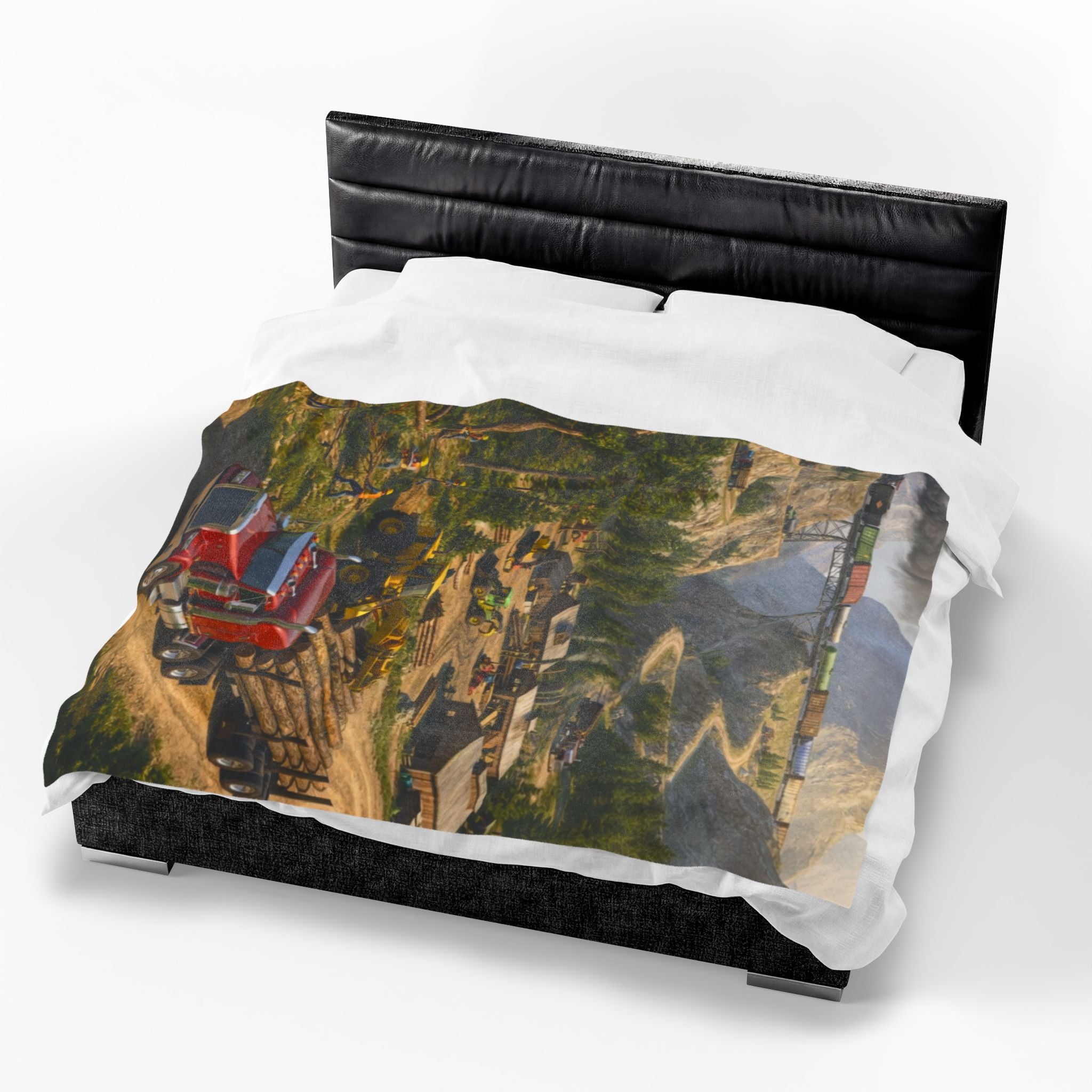 Red Tractor Logging Scene Velveteen Plush Blanket | Quarry Train Illustration