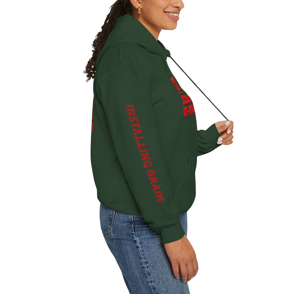 Hoodie — "CAUTION: Schools Starting, Re-Installing Brain" Back-to-School Graphic Hoodie