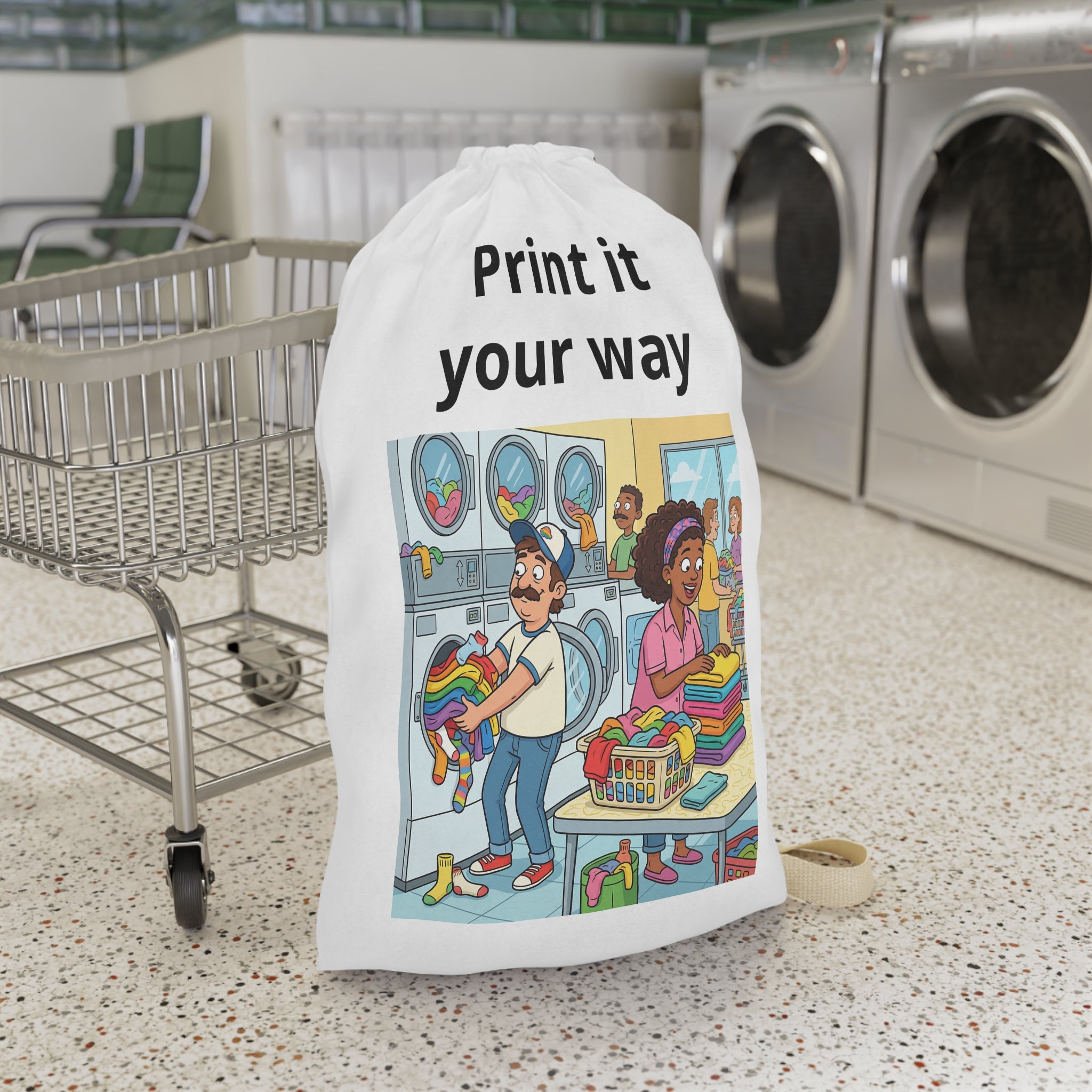 Laundry Day Illustration Laundry Bag | Cartoon Laundromat Print