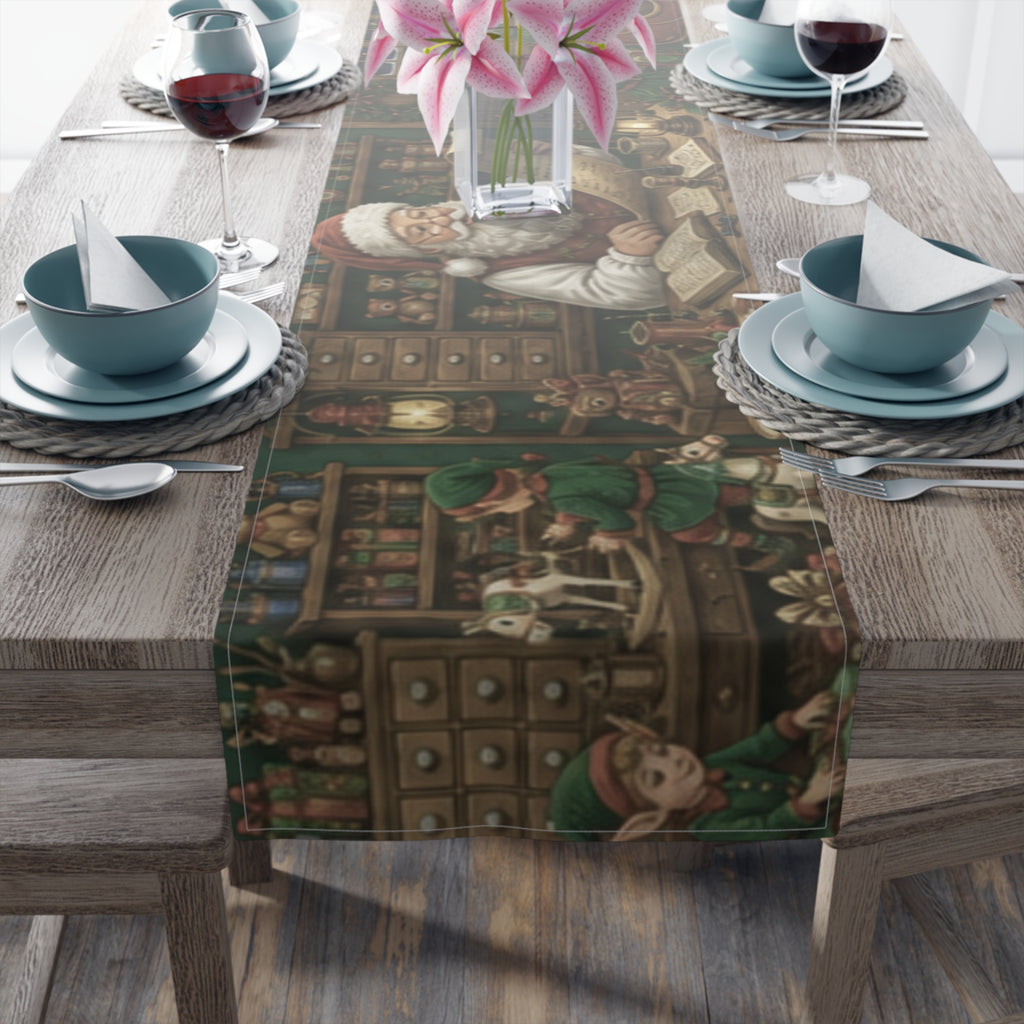 Santas Workshop Scene Table Runner | Santa, Elves & Reindeer Holiday Decor