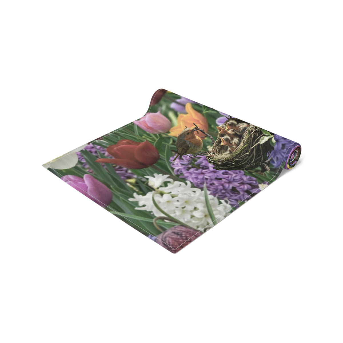 Spring Garden Birds Table Runner | Floral Tulip & Daffodil Dining Decor