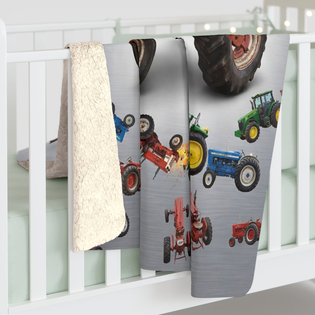 Vintage Tractor Pattern Sherpa Blanket | Farm Tractor Throw, Rustic Tractor Print
