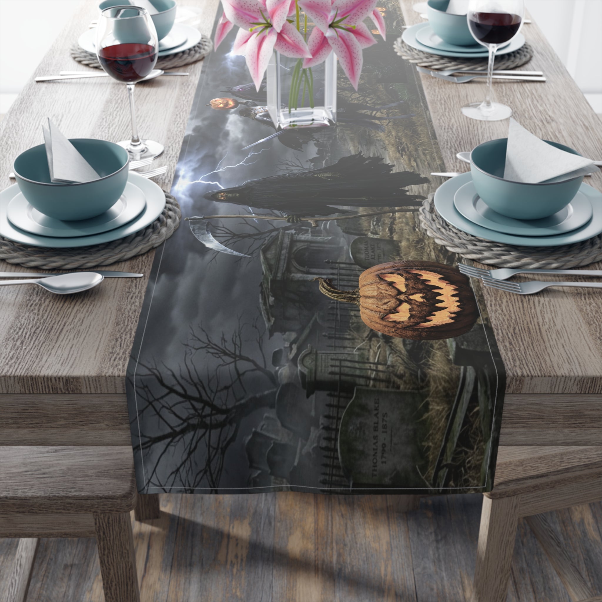 Haunted Graveyard Table Runner — Spooky Halloween Haunted House & Jack-o’-Lantern Décor