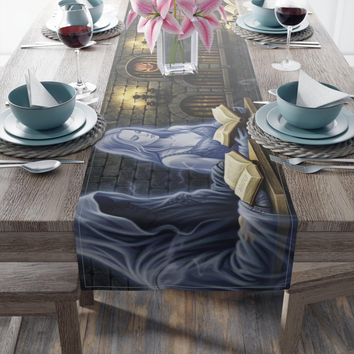Witch & Spellbook Table Runner | Candlelit Gothic Scene – Halloween Dining Decor