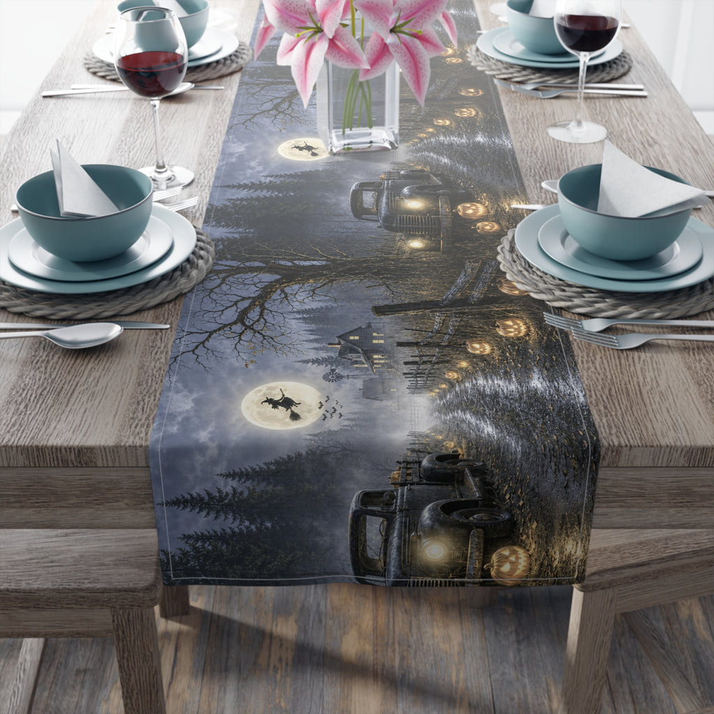 Spooky Truck Halloween Table Runner | Pumpkin Lined Road, Full Moon