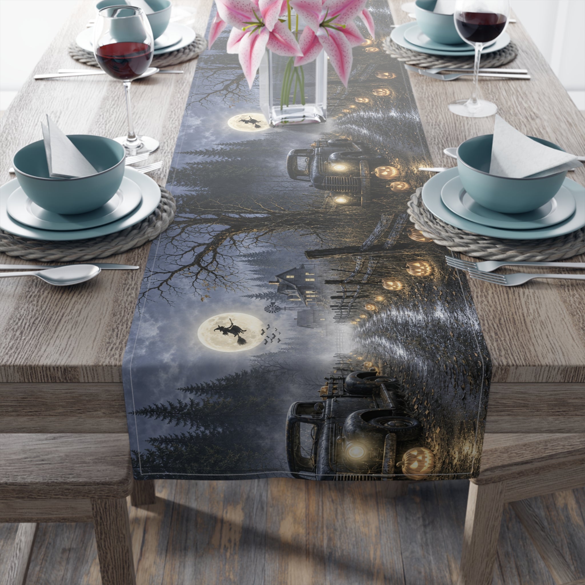 Spooky Truck Halloween Table Runner | Pumpkin Lined Road, Full Moon