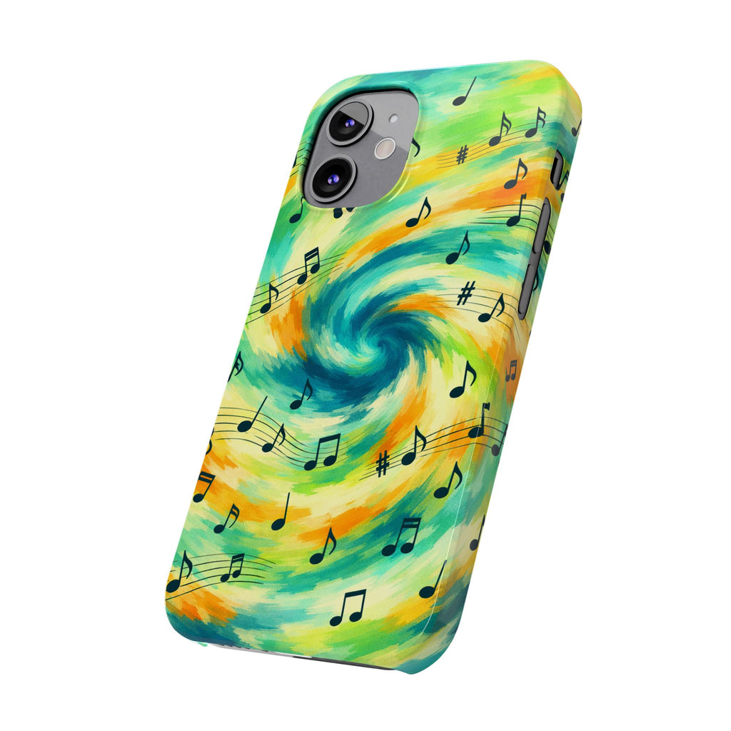 Music Notes Swirl Slim Phone Case | Colorful Turquoise Yellow Galaxy