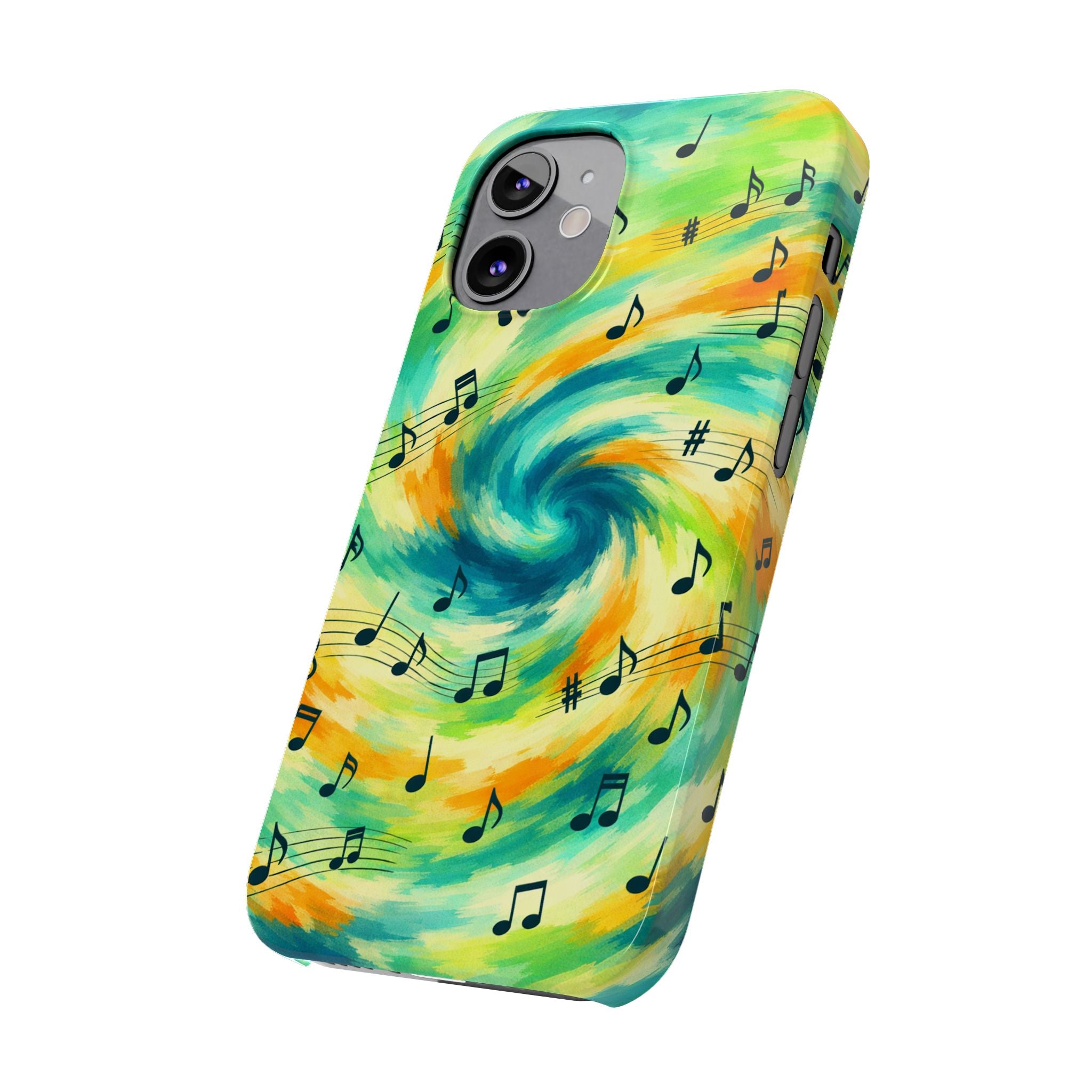 Music Notes Swirl Slim Phone Case | Colorful Turquoise Yellow Galaxy
