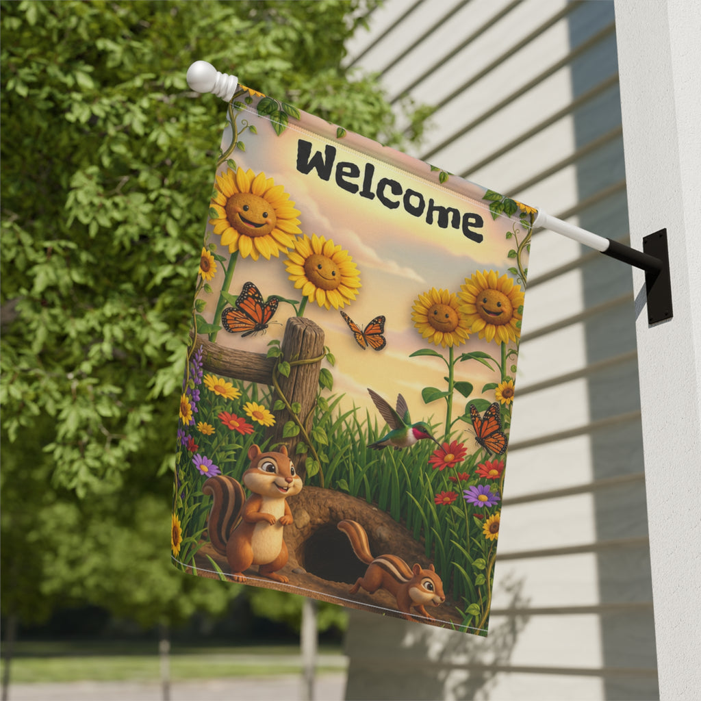 Chipmunks & Sunflowers Welcome Banner flag | Garden House Porch Decor
