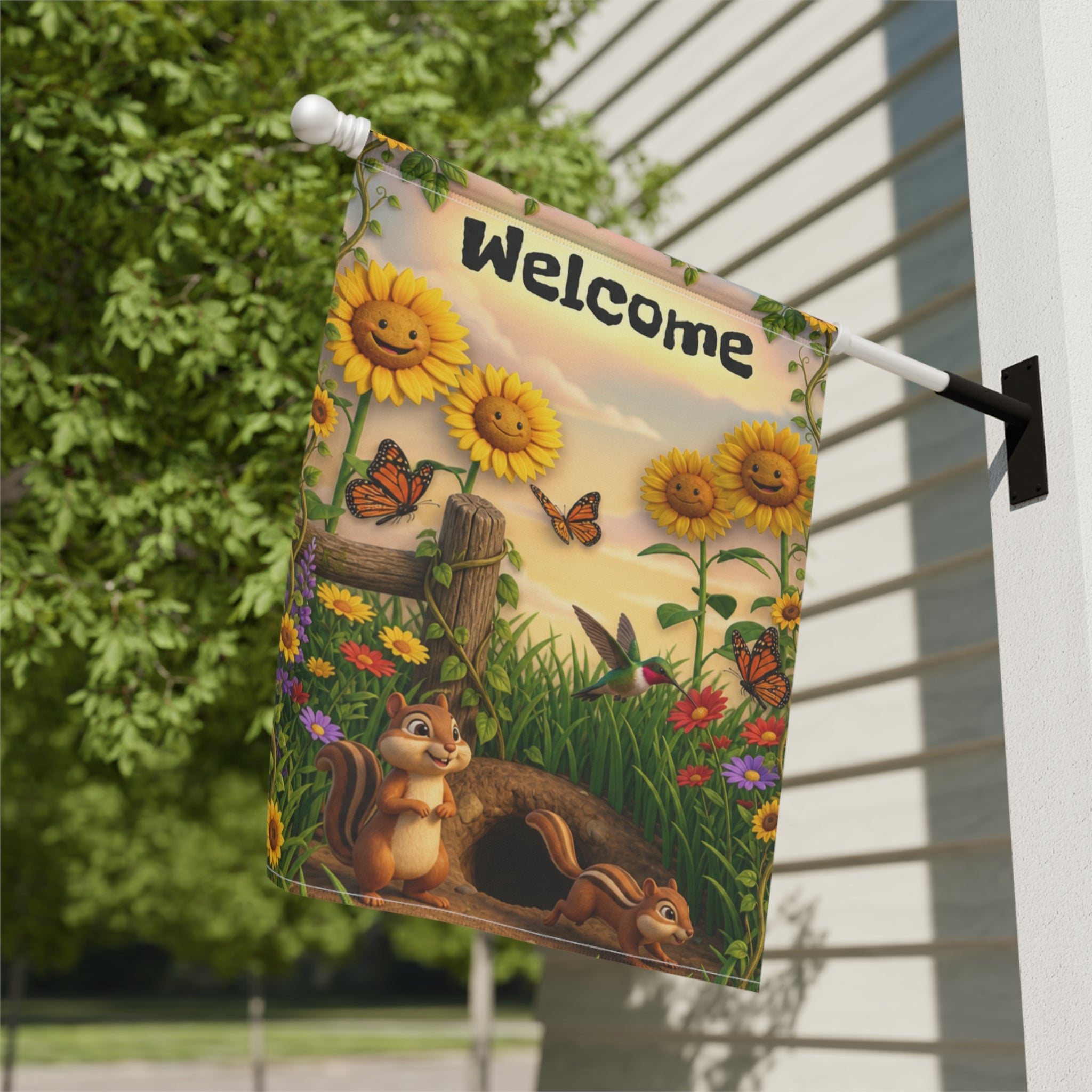 Chipmunks & Sunflowers Welcome Banner flag | Garden House Porch Decor