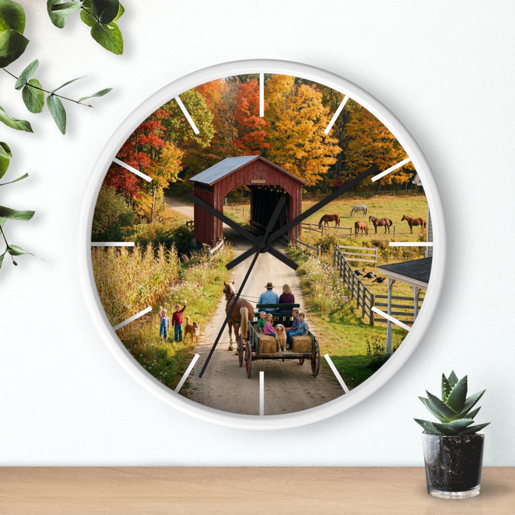 Autumn Covered Bridge Wall Clock / Country Wagon & Fall Scenery