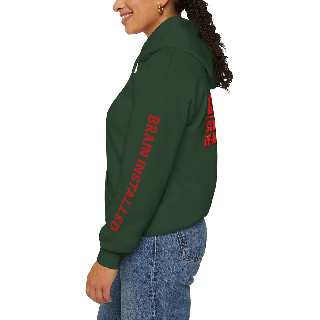Hoodie — "CAUTION: Schools Starting, Re-Installing Brain" Back-to-School Graphic Hoodie
