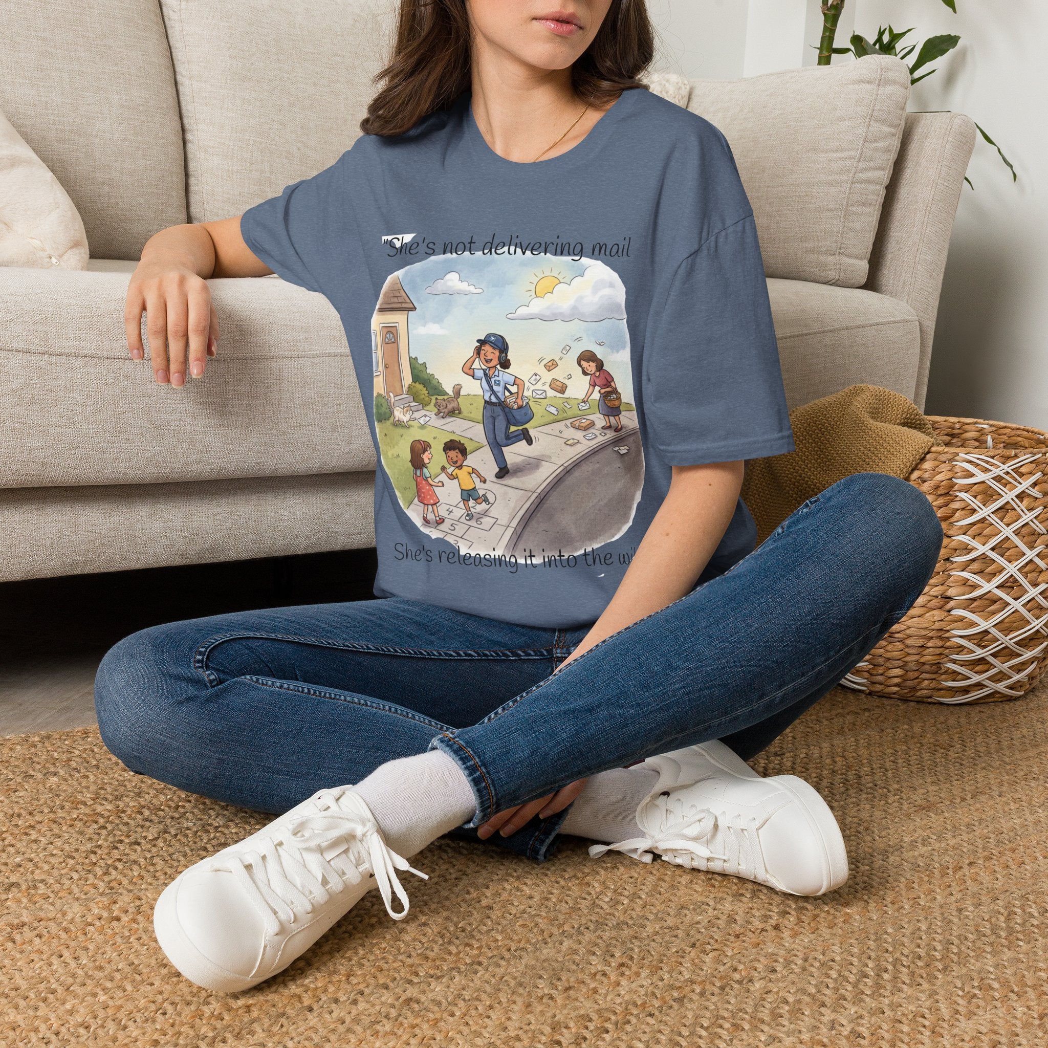 T‑Shirt – "She’s not delivering mail, she’s delivering a little wind" Cute Postal Worker Illustration Tee