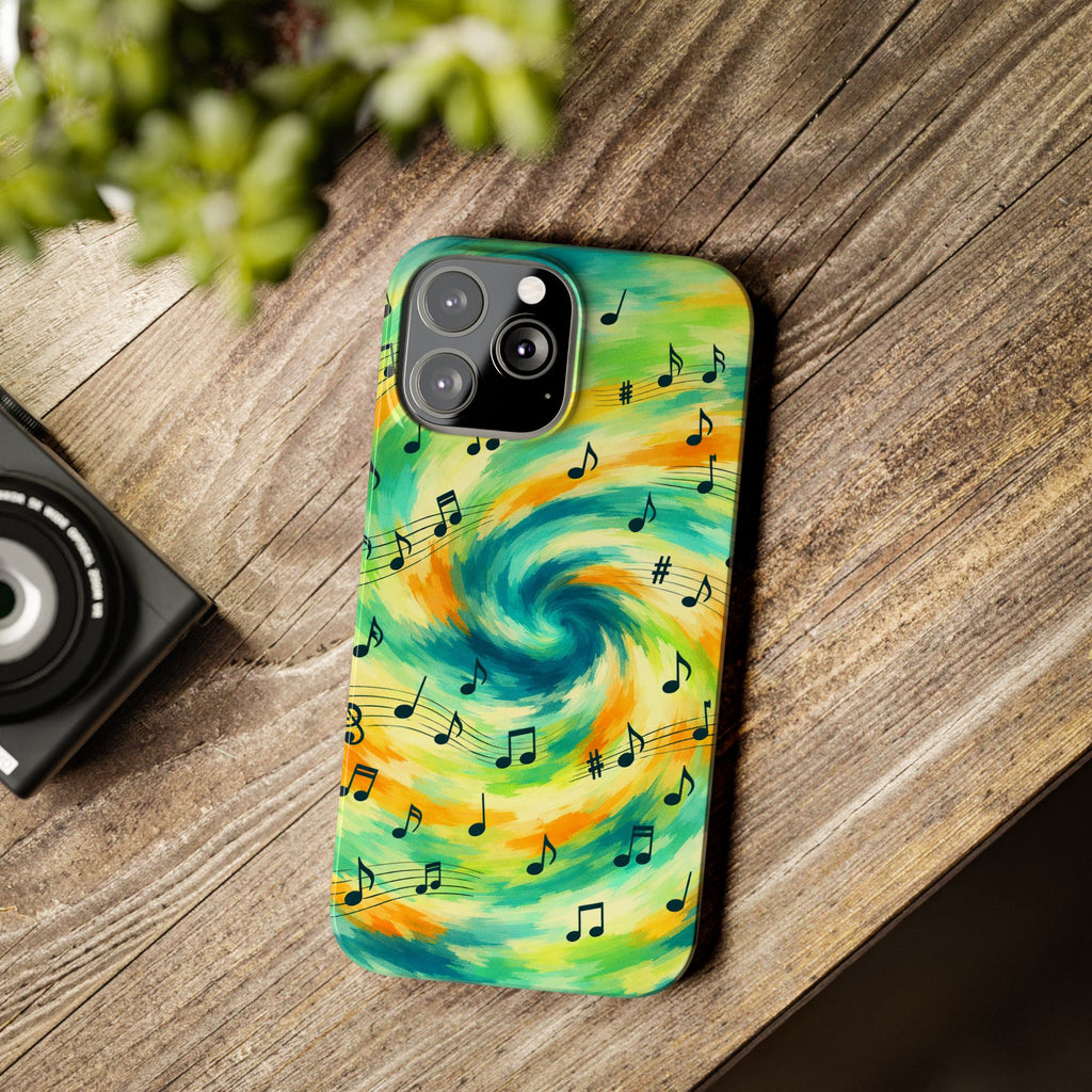 Music Notes Swirl Slim Phone Case | Colorful Turquoise Yellow Galaxy