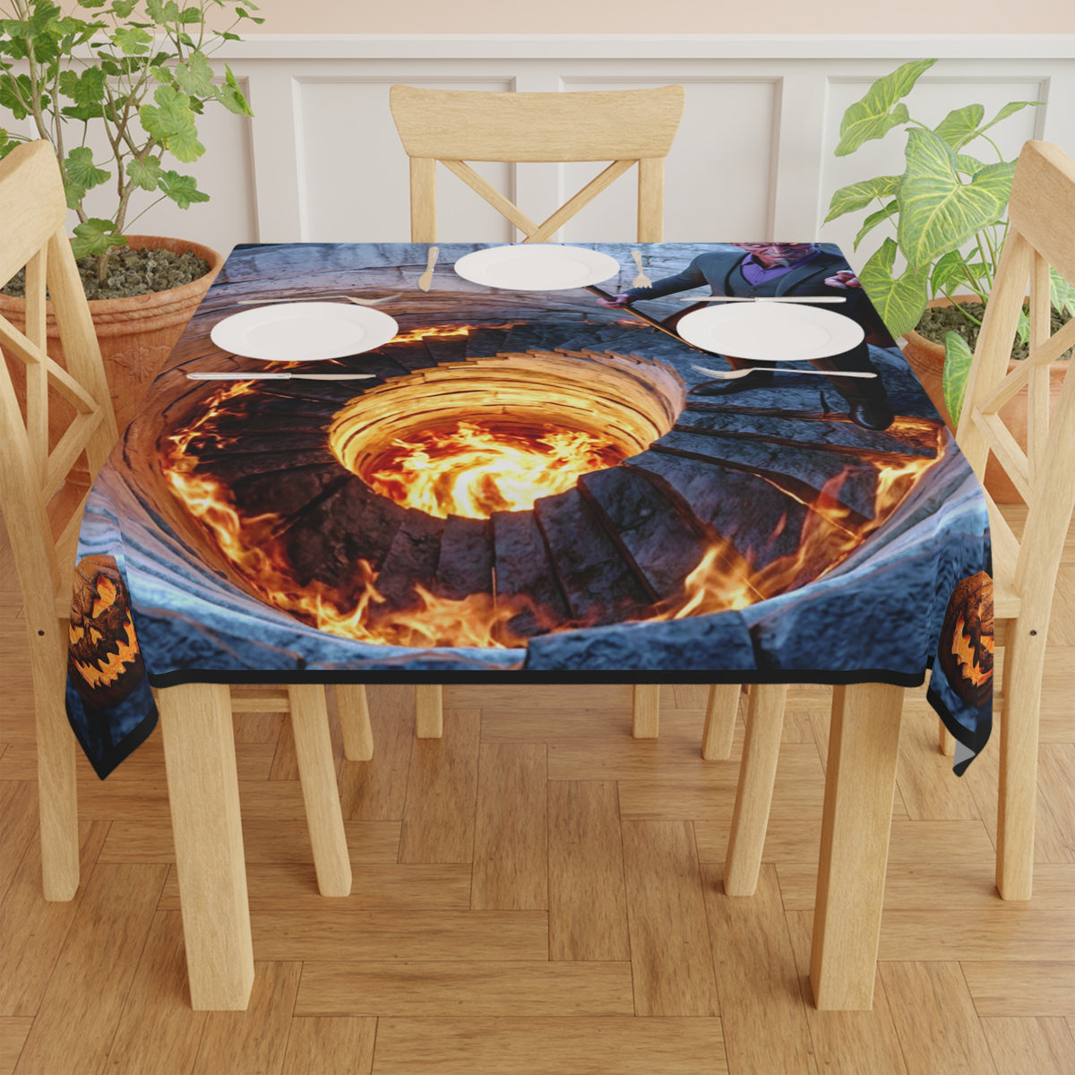 Devil Over Fiery Well Tablecloth | Jack-O'-Lantern Corners – Halloween Table Decor