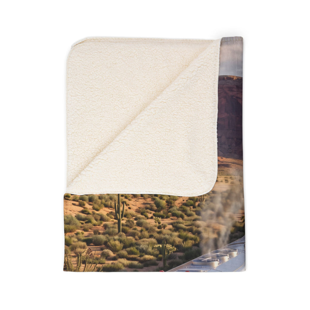 Classic Red Locomotive Fleece Sherpa Blanket | Desert Canyon Train Scene