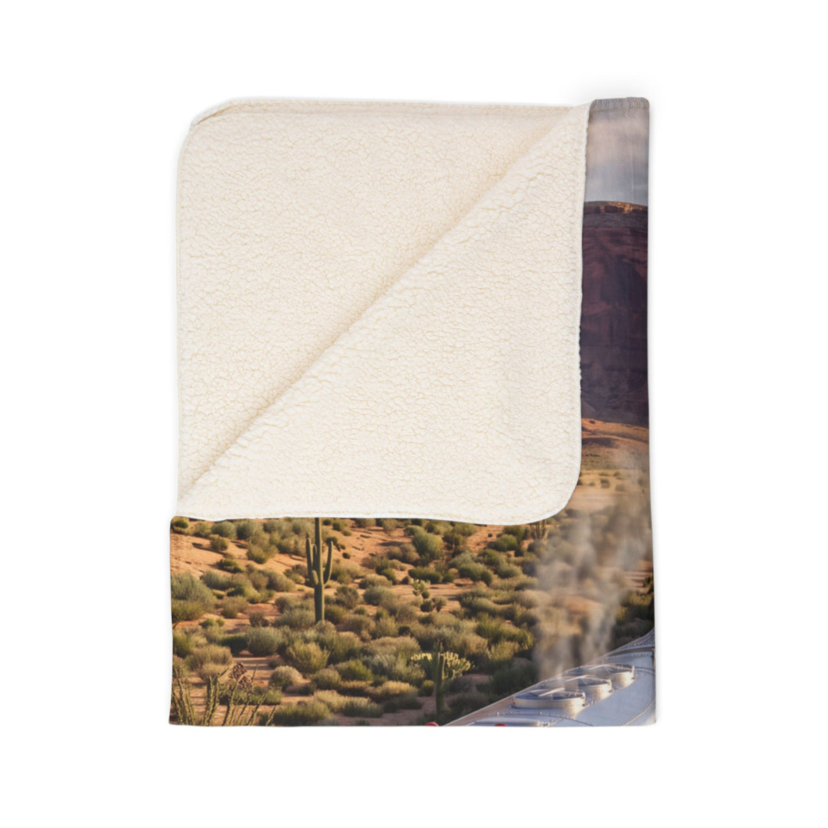 Classic Red Locomotive Fleece Sherpa Blanket | Desert Canyon Train Scene