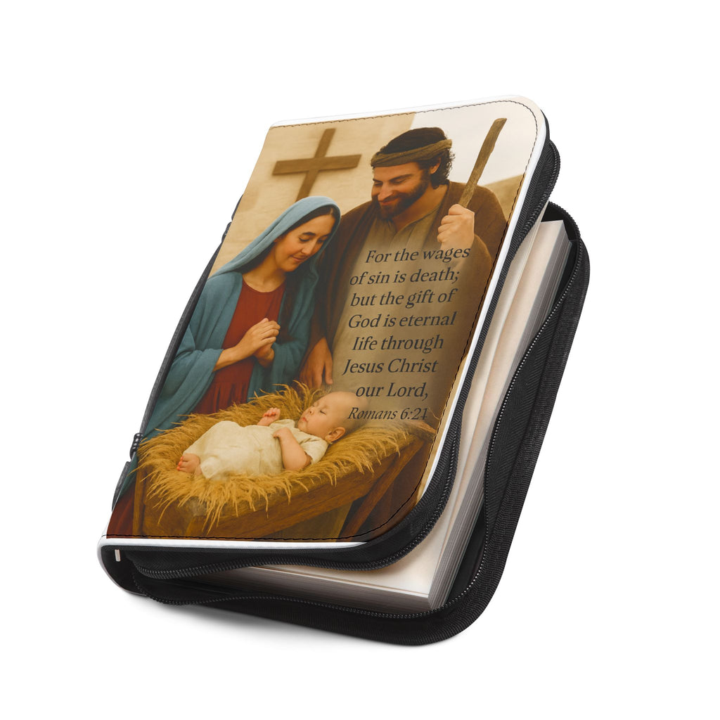 Bible Cover Baby Jesus in Manger/Mary/Joseph/Romans 6:21/ 100% PU Leather