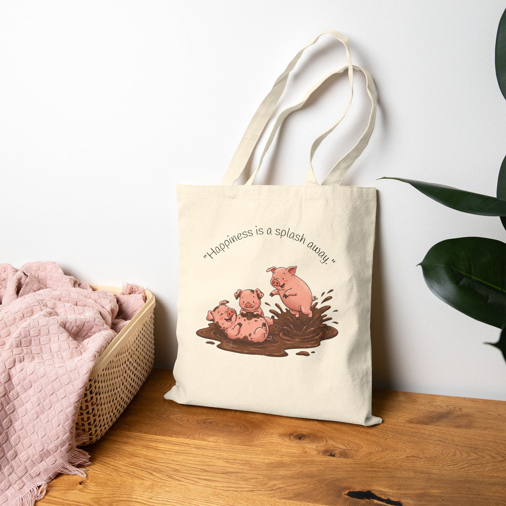 Tote Bag / 'Happiness is a Splash Away' Muddy Pig Illustration Cotton Tote