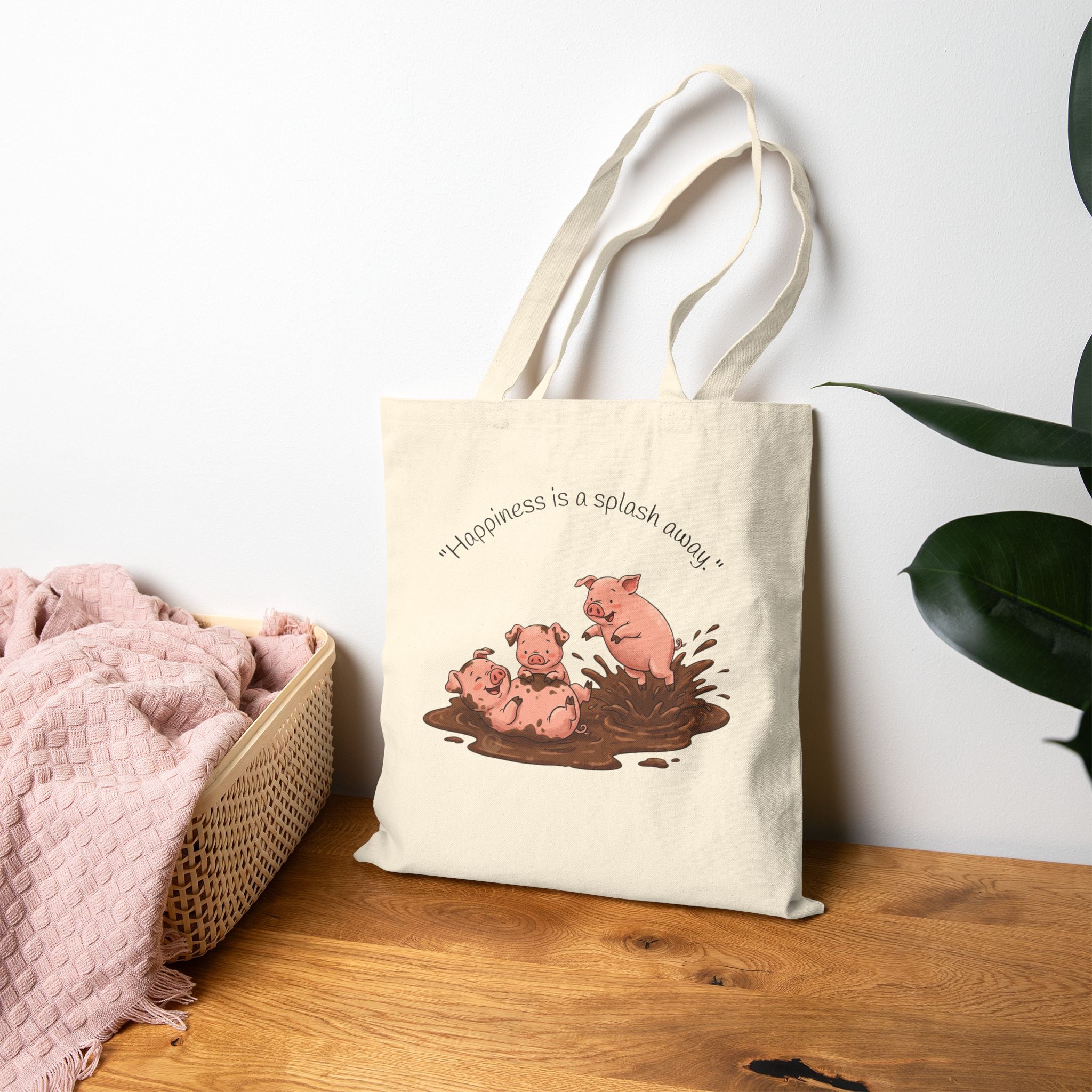 Tote Bag / 'Happiness is a Splash Away' Muddy Pig Illustration Cotton Tote