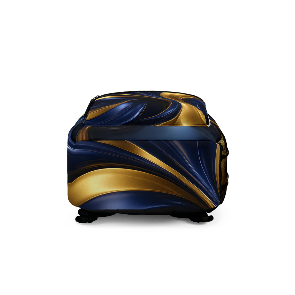 Gold Navy Blue Marble Swirl Backpack | Abstract Metallic Fluid Design