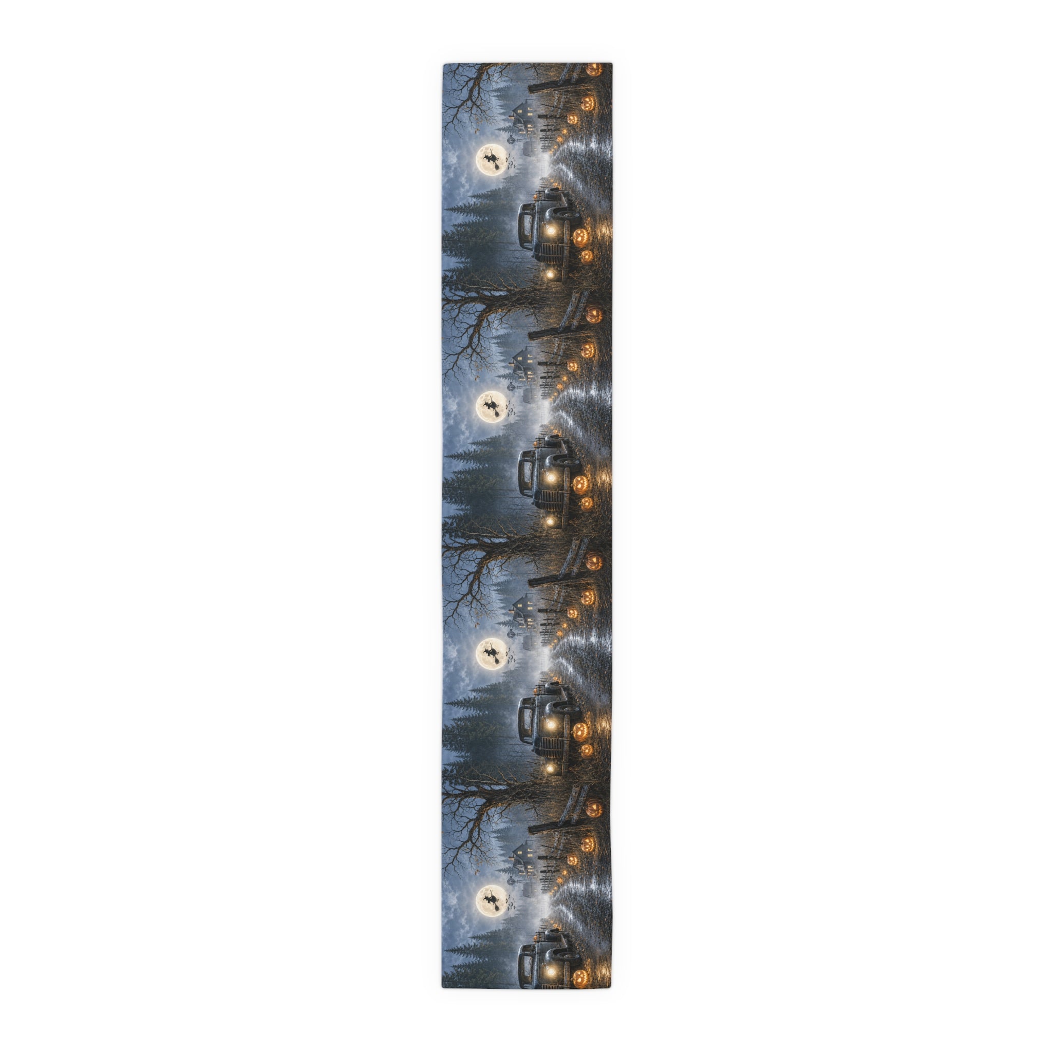 Spooky Truck Halloween Table Runner | Pumpkin Lined Road, Full Moon
