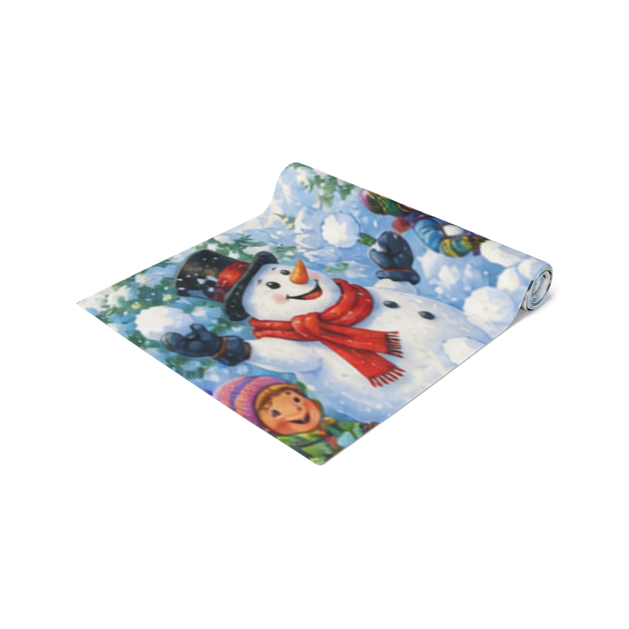 Snowball Fight Snowman Scene Table Runner | Cotton Poly