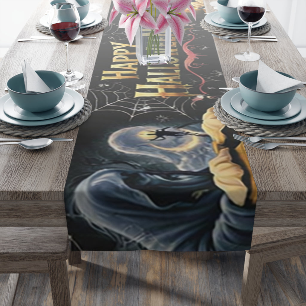Happy Halloween Table Runner | Glowing Moon, Bats & Spiderwebs – Seasonal Table Decor