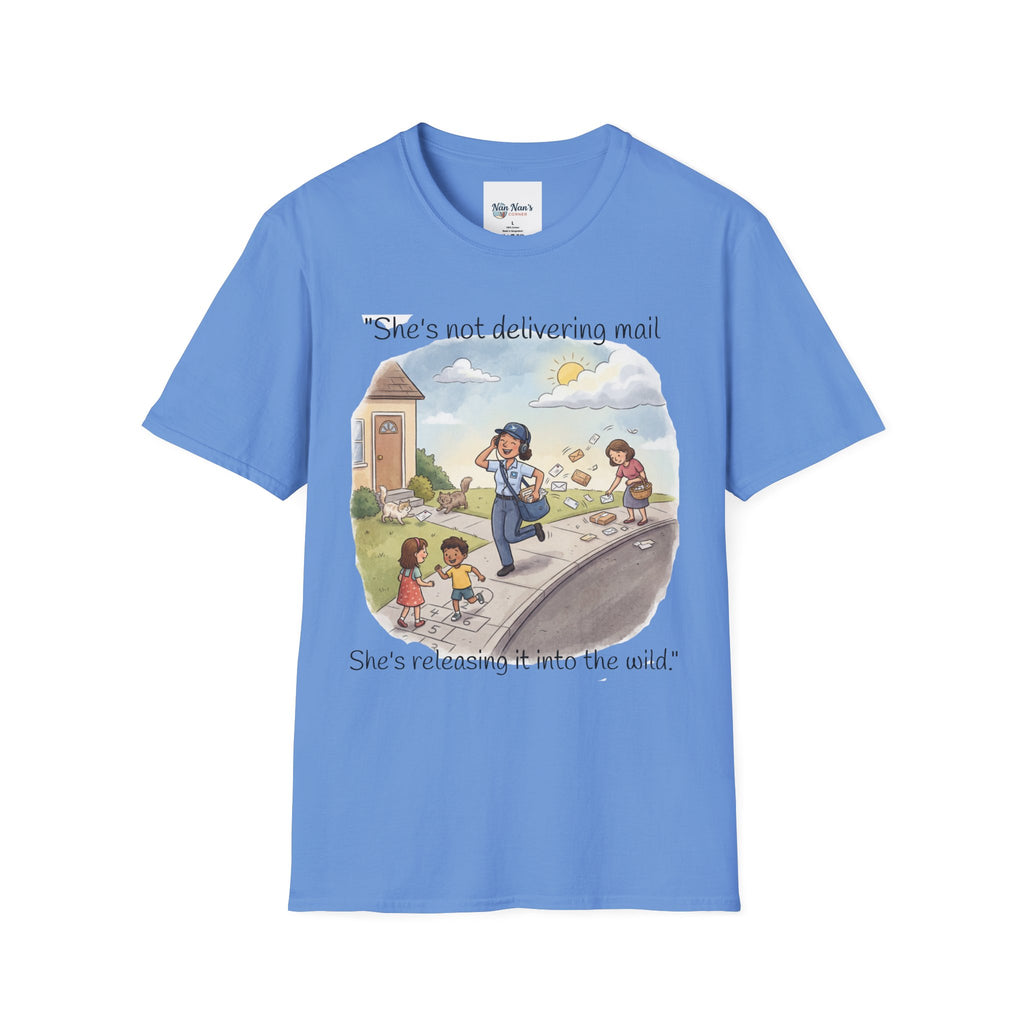 T‑Shirt – "She’s not delivering mail, she’s delivering a little wind" Cute Postal Worker Illustration Tee
