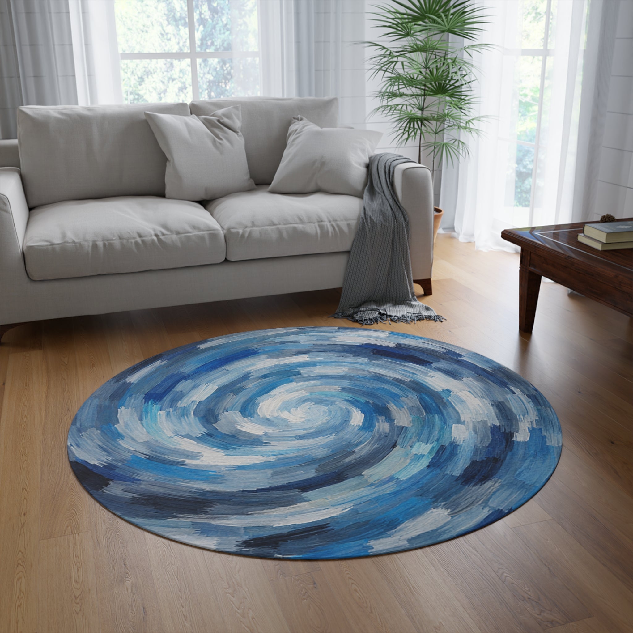 Round Rug Blue Swirl | Abstract Coastal Spiral Rug