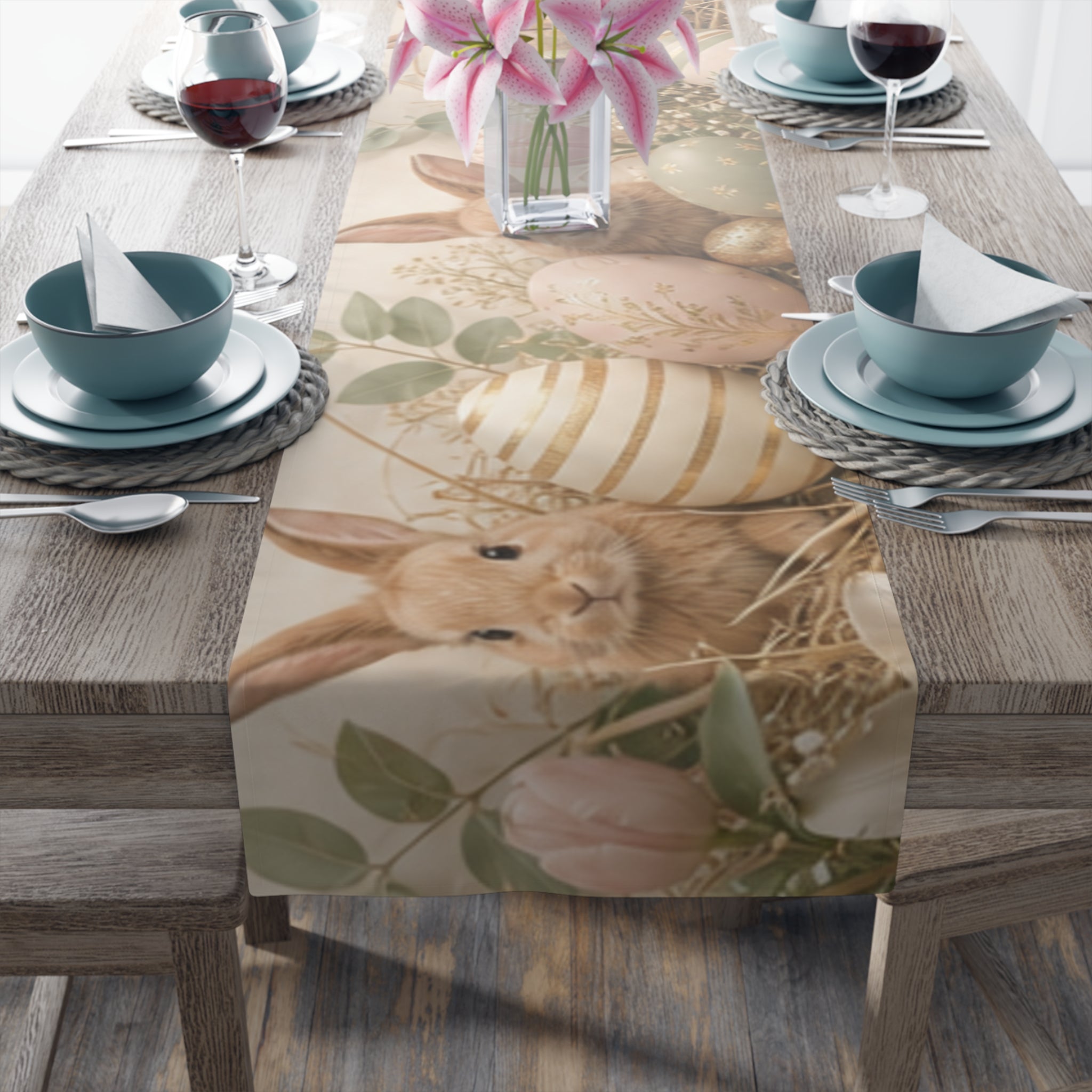 Easter Bunnies and Painted Eggs Table Runner Cotton Poly | Neutral Side