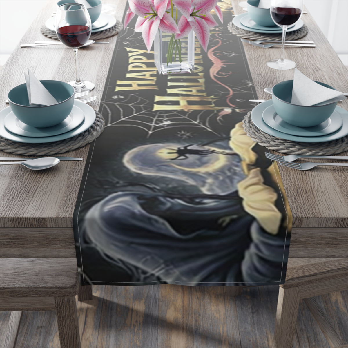 Happy Halloween Table Runner | Glowing Moon, Bats & Spiderwebs – Seasonal Table Decor