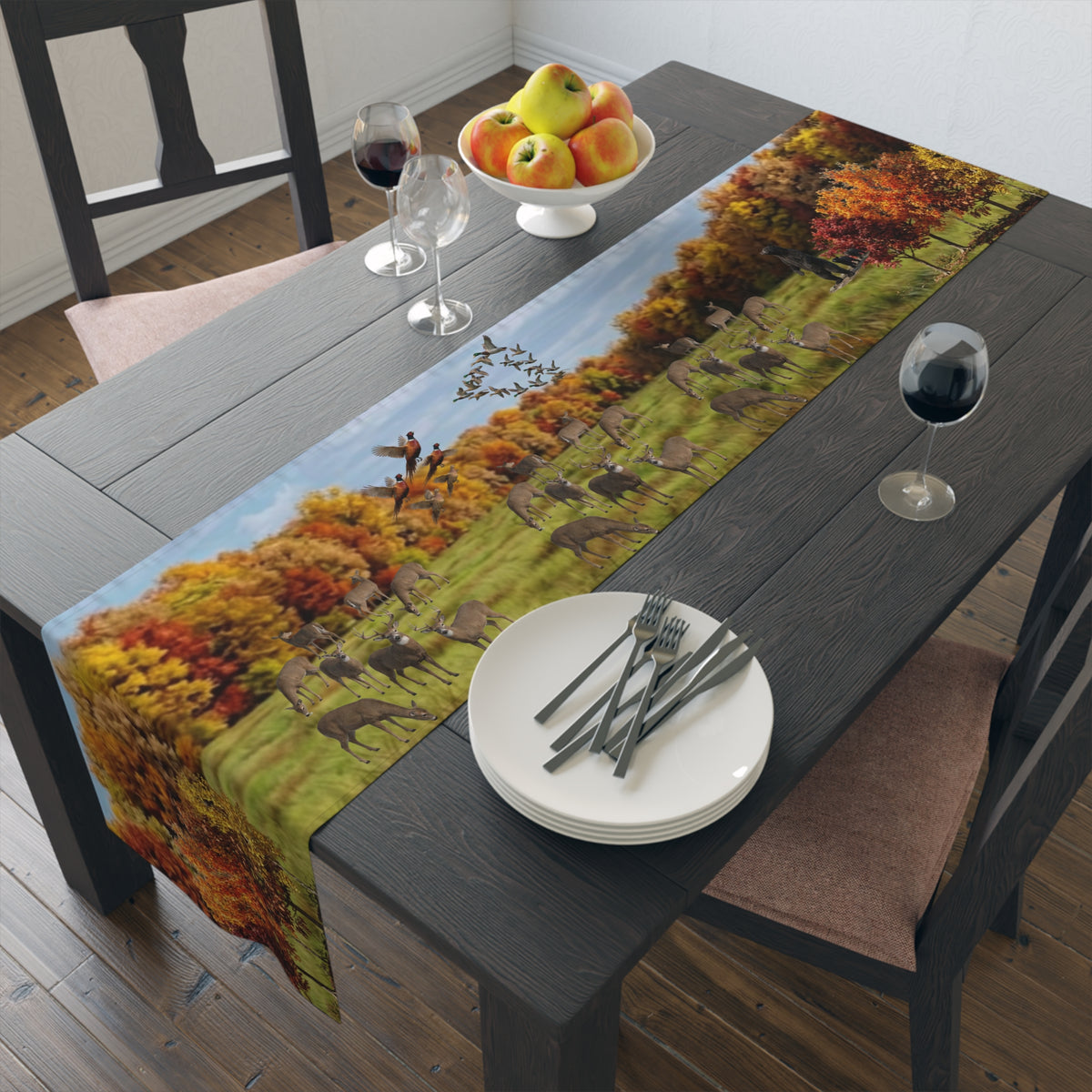 Fall Deer Table Runner | Autumn Wildlife Dining Decor (Cotton & Poly)