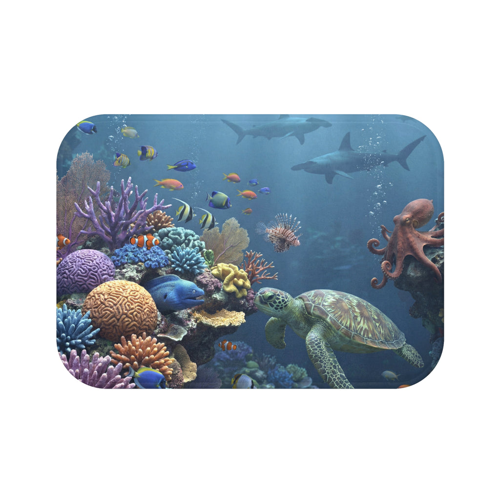 Underwater Coral Reef Bath Mat | Sea Turtle, Octopus, Tropical Fish