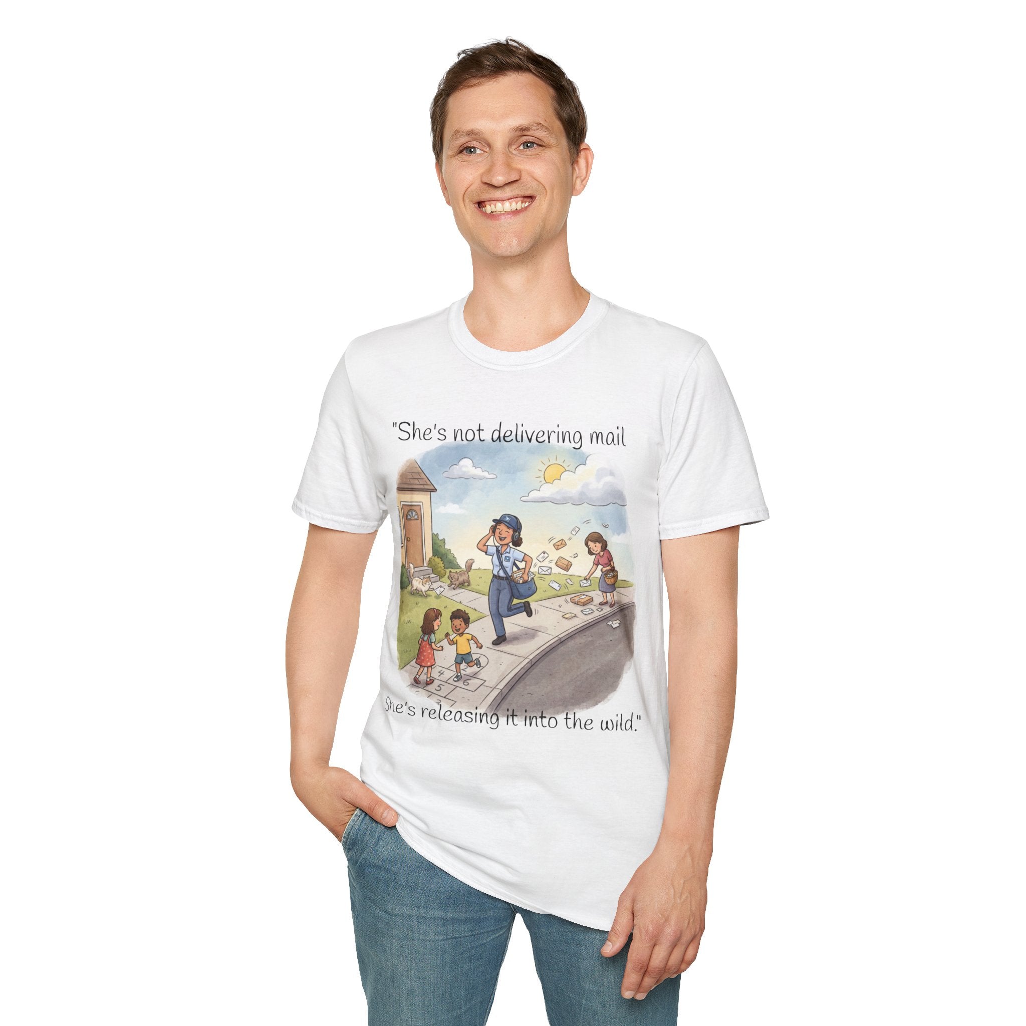 T‑Shirt – "She’s not delivering mail, she’s delivering a little wind" Cute Postal Worker Illustration Tee
