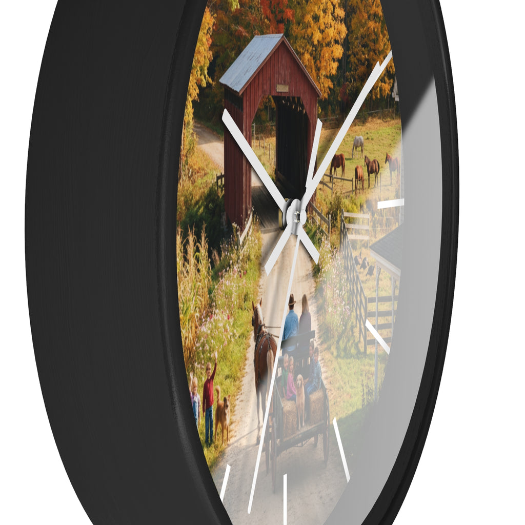 Autumn Covered Bridge Wall Clock / Country Wagon & Fall Scenery