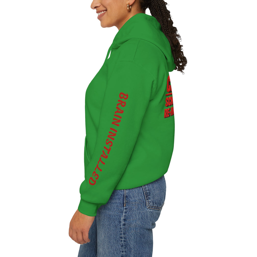Hoodie — "CAUTION: Schools Starting, Re-Installing Brain" Back-to-School Graphic Hoodie