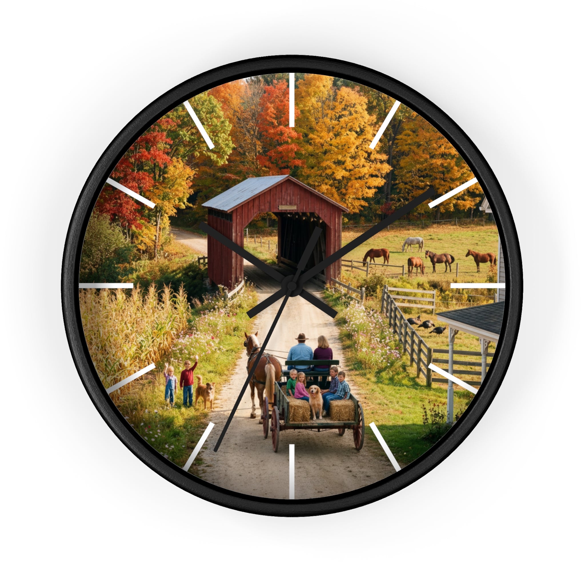 Autumn Covered Bridge Wall Clock / Country Wagon & Fall Scenery