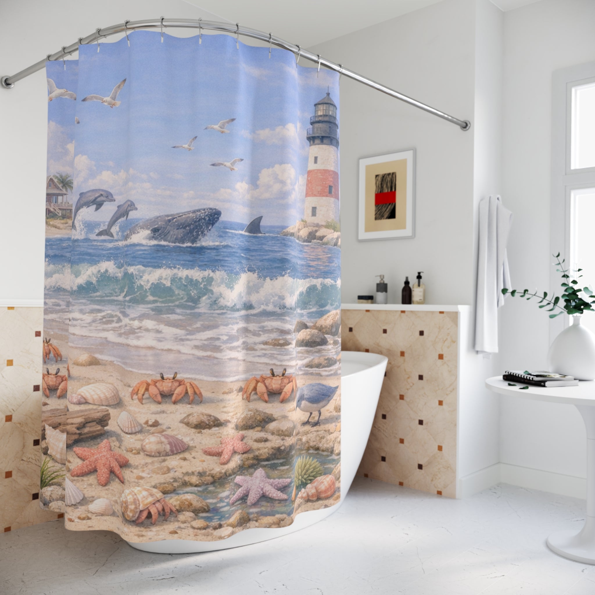 Coastal Lighthouse Beach Scene Shower Curtain