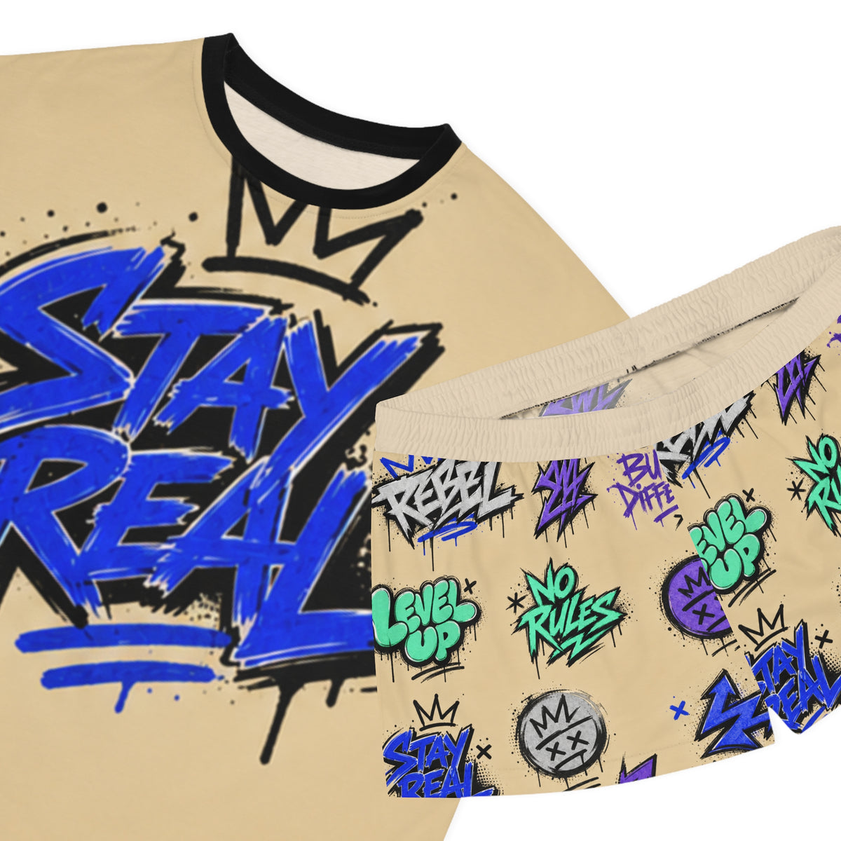 Stay Real Graffiti Print Pajama Set | Short Sleeve Top & Shorts