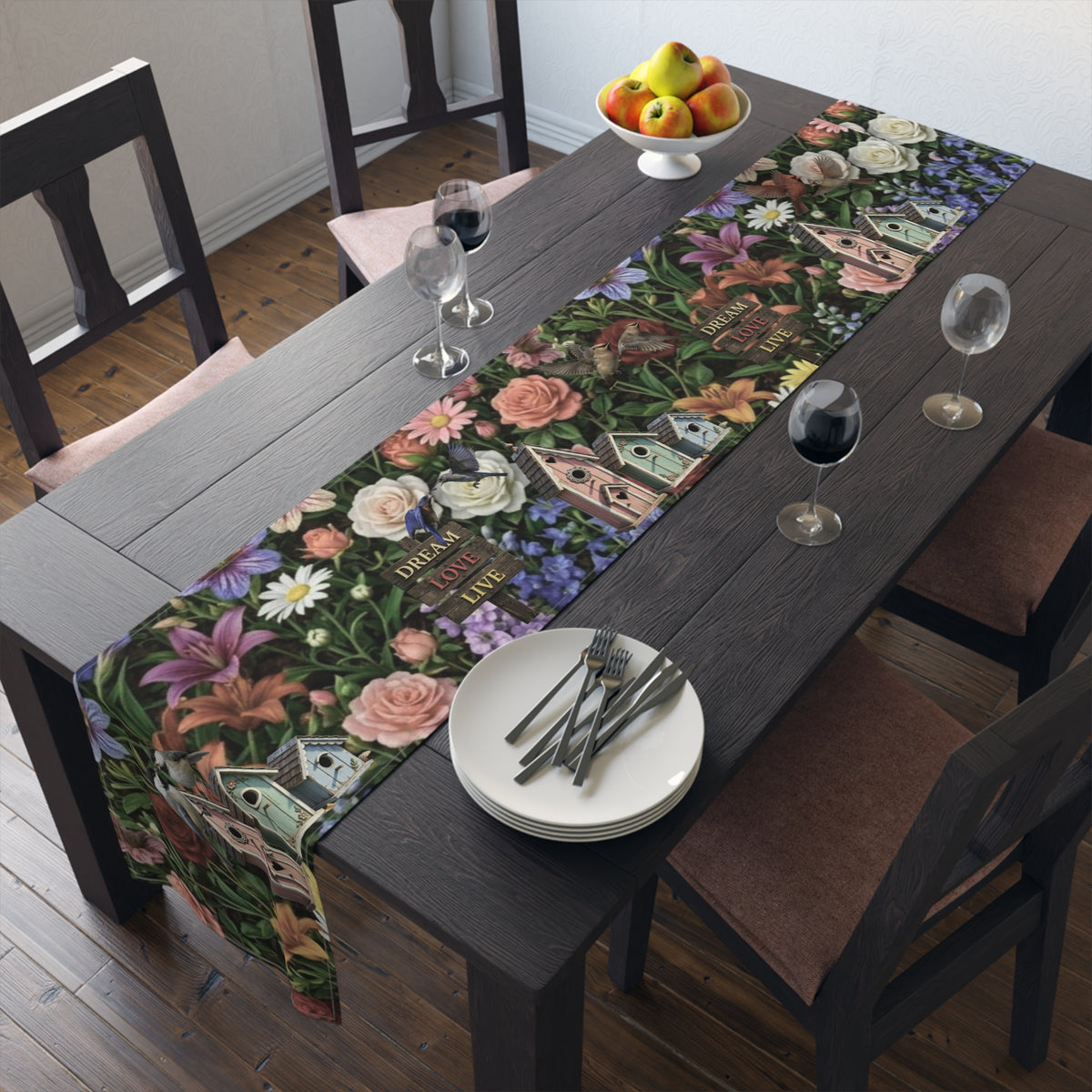 Floral Garden Birds Table Runner | Cottage Garden Birdhouse & Floral Decor