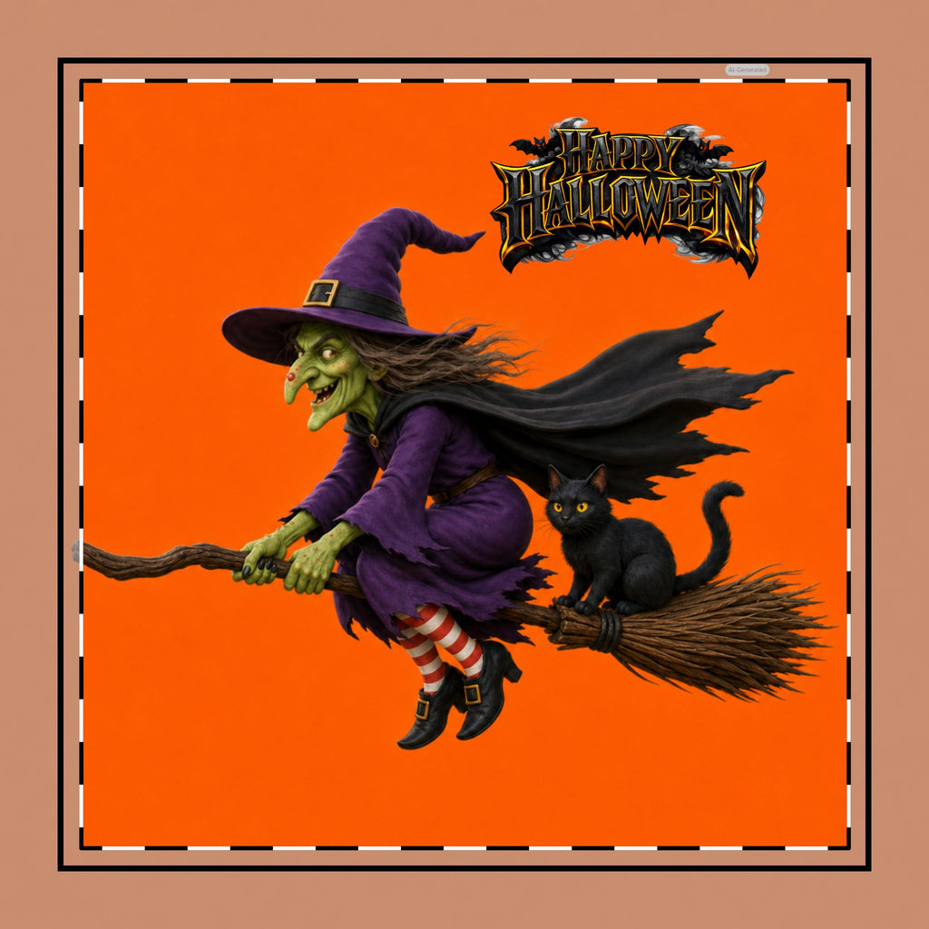 Halloween Witch & Black Cat Cocktail Napkin | Green Witch on Orange – Poly Twill